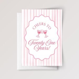 21st Birthday Card, 5 x 7 Greeting Card with Pink Stripes and Martini Glasses, Gift for Her