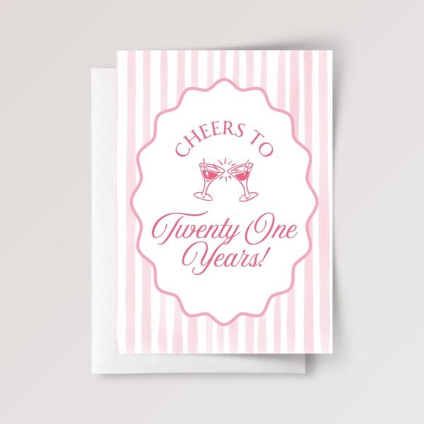 21st Birthday Card, 5 x 7 Greeting Card with Pink Stripes and Martini Glasses, Gift for Her