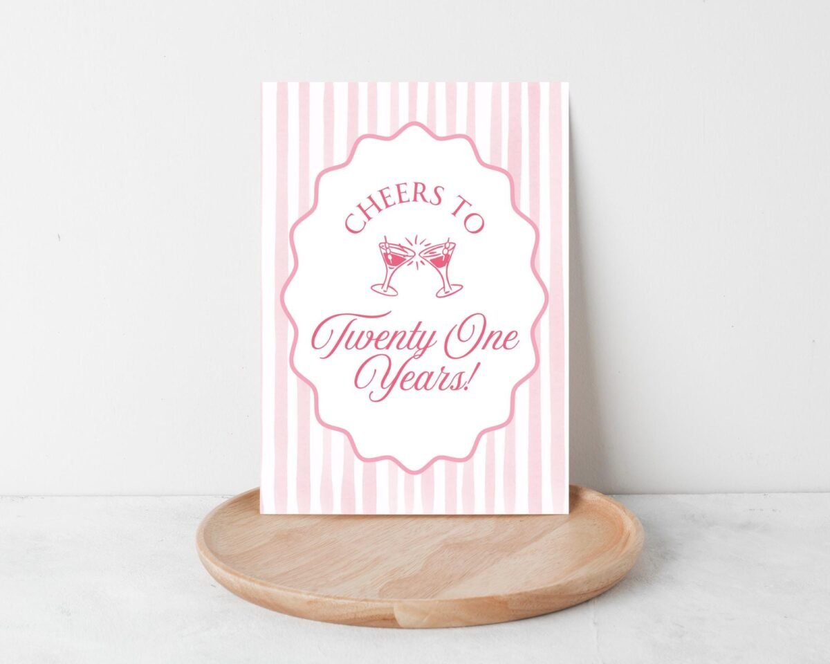 21st Birthday Card, 5 x 7 Greeting Card with Pink Stripes and Martini Glasses, Gift for Her