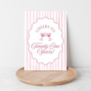 21st Birthday Card, 5 x 7 Greeting Card with Pink Stripes and Martini Glasses, Gift for Her