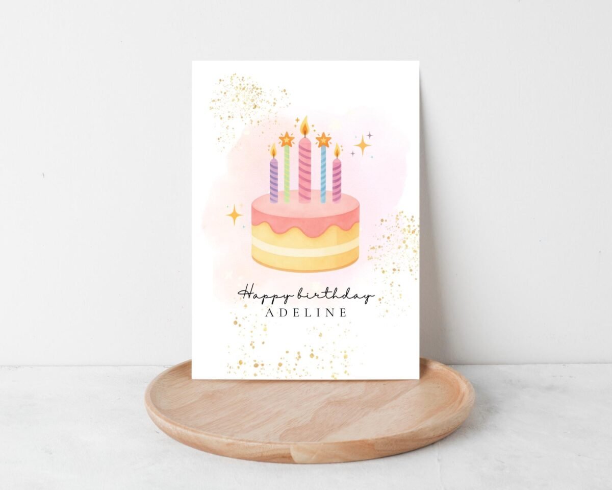 Personalized 5th Birthday Card, 5 x 7 Greeting Card with Pink Cake and Five Candles, Gift for Girl