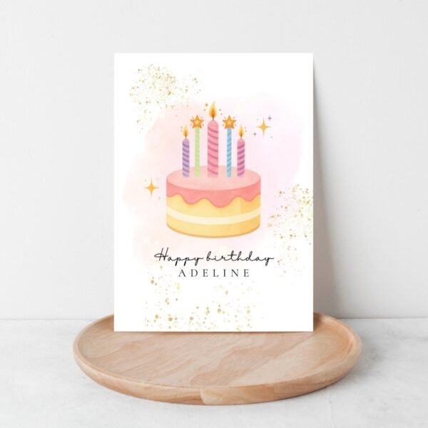 Personalized 5th Birthday Card, 5 x 7 Greeting Card with Pink Cake and Five Candles, Gift for Girl