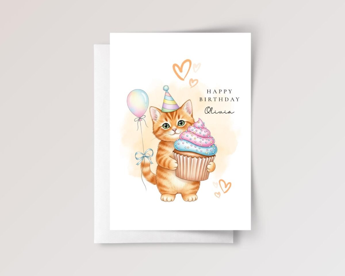 Personalized Birthday Card with Cat Holding Cupcake, 5 x 7 Folded Greeting Card and White Envelope