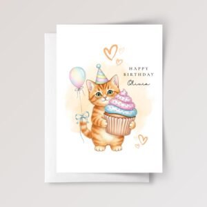 Personalized Birthday Card with Cat Holding Cupcake, 5 x 7 Folded Greeting Card and White Envelope