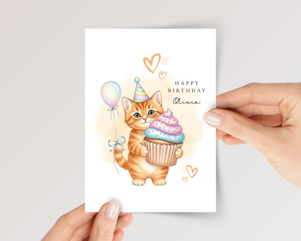 Personalized Birthday Card with Cat Holding Cupcake, 5 x 7 Folded Greeting Card and White Envelope