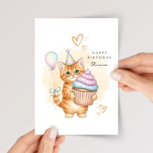 Personalized Birthday Card with Cat Holding Cupcake, 5 x 7 Folded Greeting Card and White Envelope
