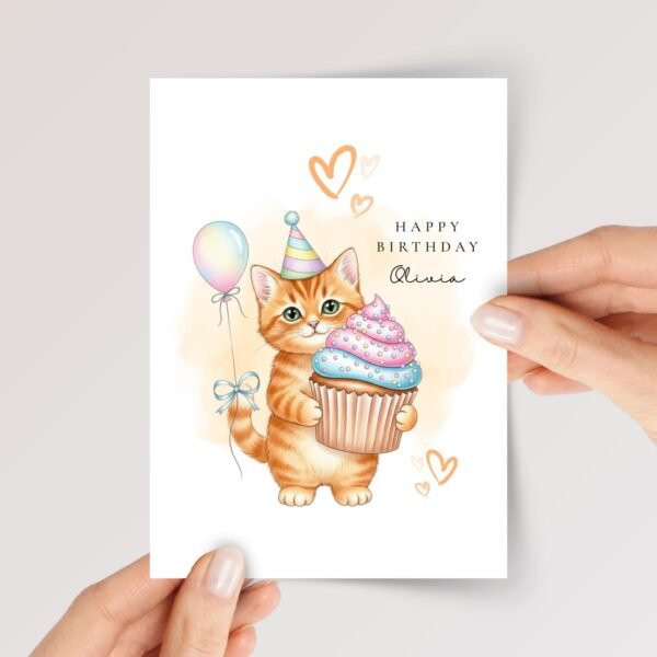 Personalized Birthday Card with Cat Holding Cupcake, 5 x 7 Folded Greeting Card and White Envelope Personalized Birthday Card with Cat Holding Cupcake, 5 x 7 Folded Greeting Card and White Envelope