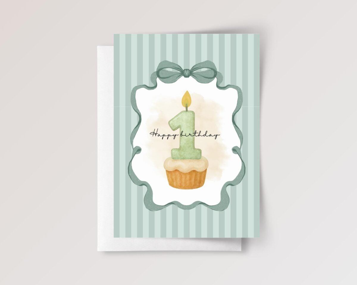 First Birthday Card for Baby Boy Turning One, 5 x 7 Folded Card with Green Stripes, Cupcake and Candle First Birthday Card for Baby Boy Turning One, 5 x 7 Folded Card with Green Stripes, Cupcake and Candle