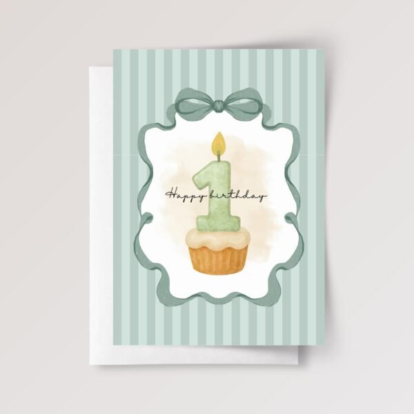 First Birthday Card for Baby Boy Turning One, 5 x 7 Folded Card with Green Stripes, Cupcake and Candle
