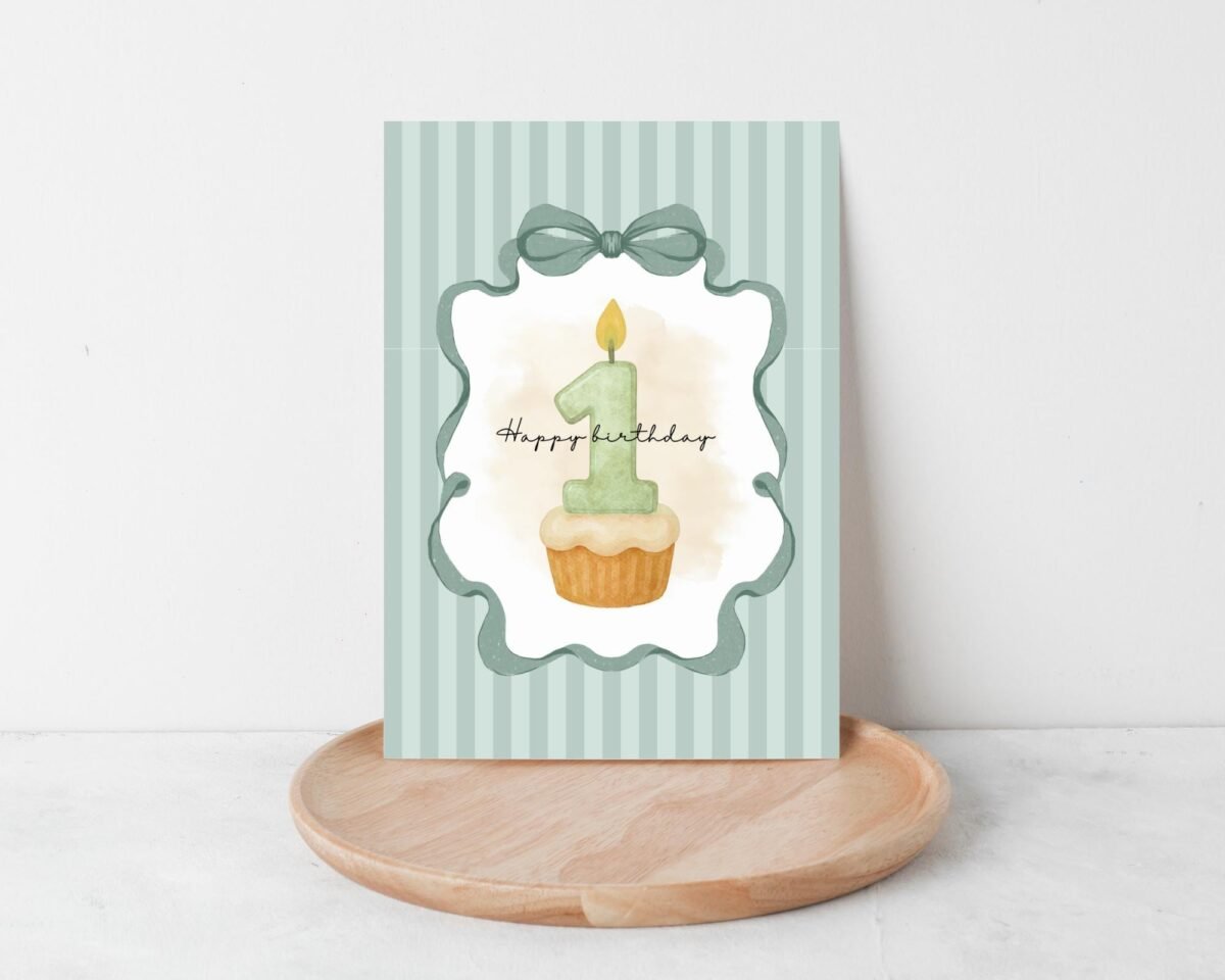 First Birthday Card for Baby Boy Turning One, 5 x 7 Folded Card with Green Stripes, Cupcake and Candle First Birthday Card for Baby Boy Turning One, 5 x 7 Folded Card with Green Stripes, Cupcake and Candle