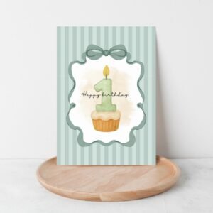 First Birthday Card for Baby Boy Turning One, 5 x 7 Folded Card with Green Stripes, Cupcake and Candle First Birthday Card for Baby Boy Turning One, 5 x 7 Folded Card with Green Stripes, Cupcake and Candle