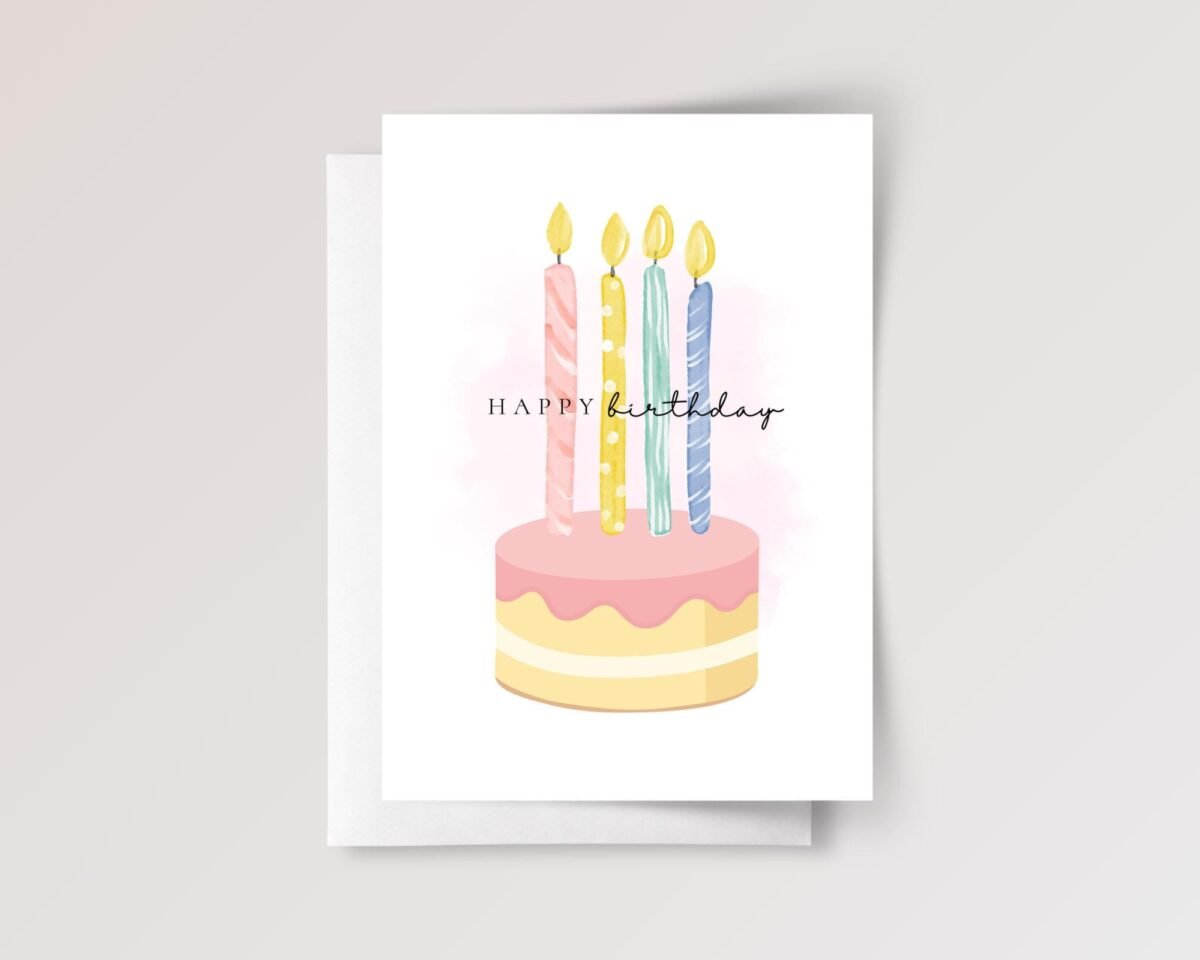 4th Birthday Card for Kids Turning Four, 5 x 7 Folded Greeting Card with Pink Cake and Candles