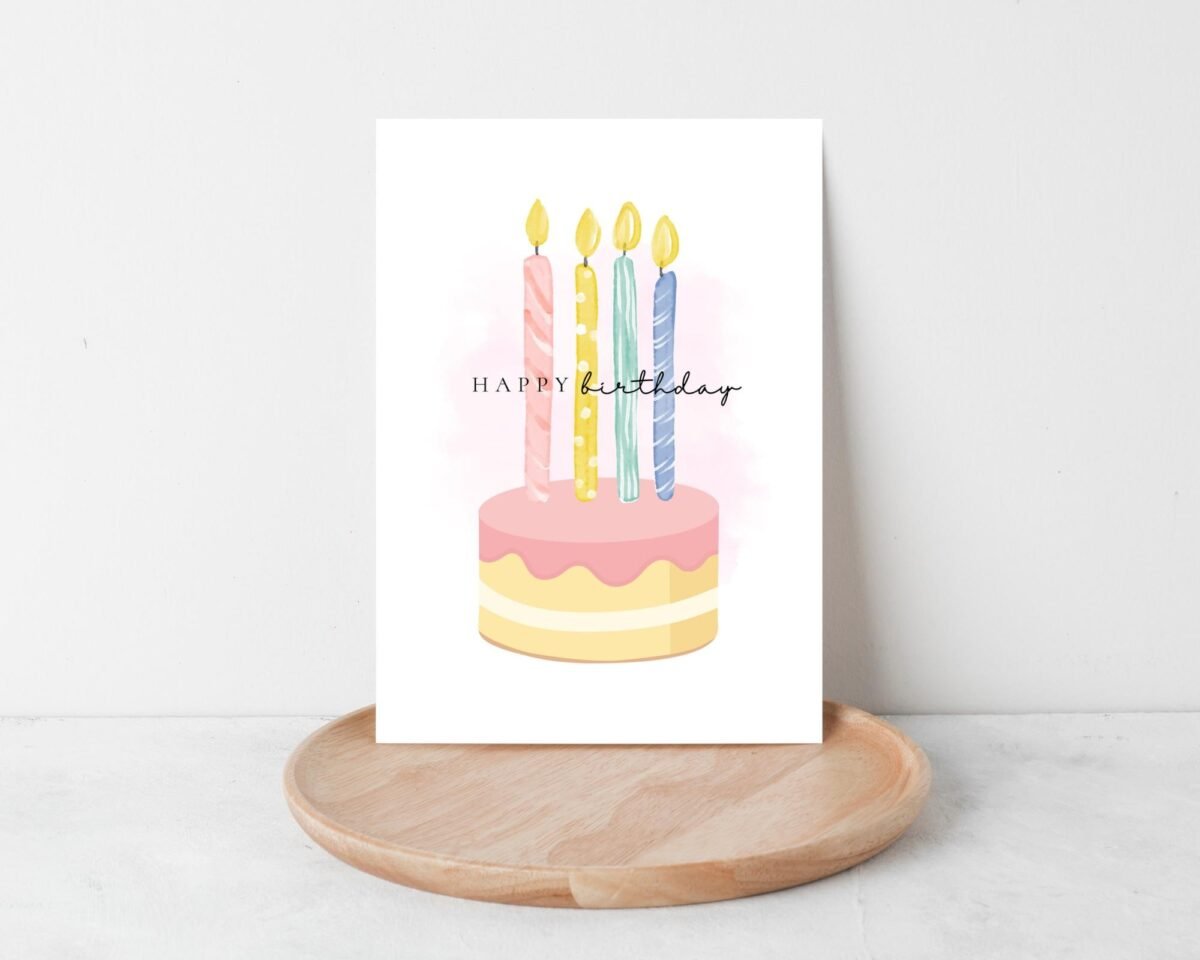 4th Birthday Card for Kids Turning Four, 5 x 7 Folded Greeting Card with Pink Cake and Candles