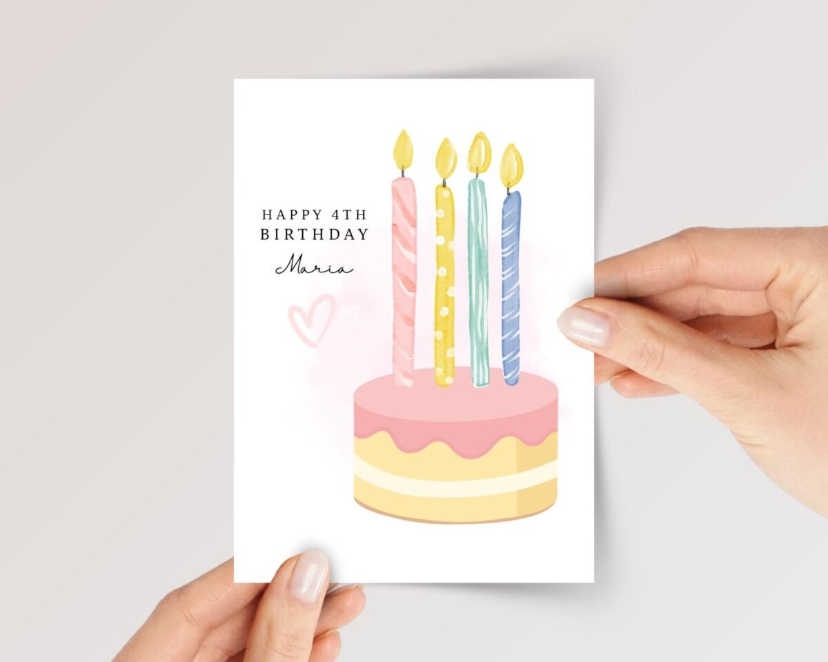 Personalized 4th Birthday Card for Kids Turning Four, 5 x 7 Folded Greeting Card with Pink Cake and Candles