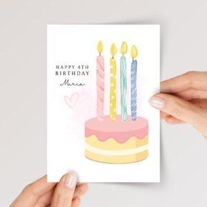 Personalized 4th Birthday Card for Kids Turning Four, 5 x 7 Folded Greeting Card with Pink Cake and Candles