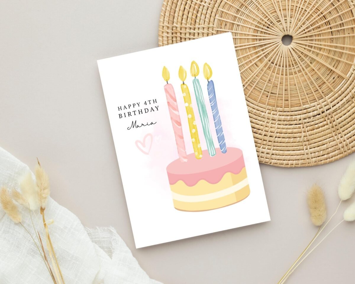 Personalized 4th Birthday Card for Kids Turning Four, 5 x 7 Folded Greeting Card with Pink Cake and Candles