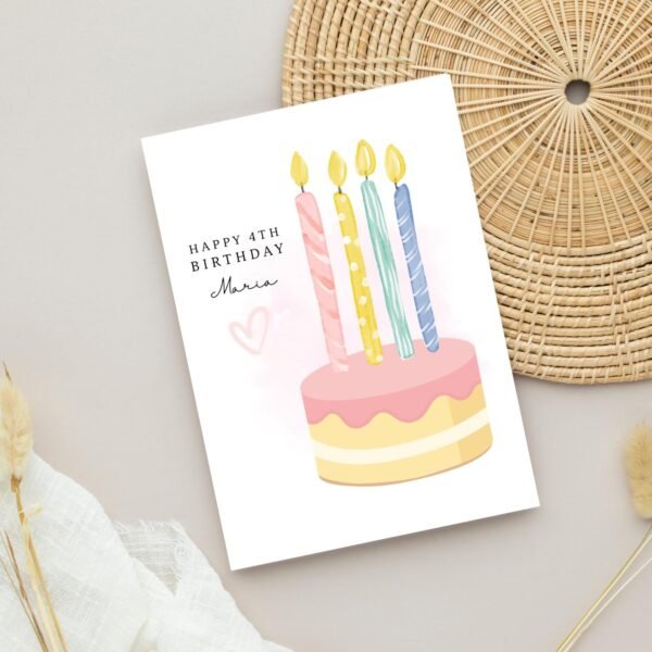 Personalized 4th Birthday Card for Kids Turning Four, 5 x 7 Folded Greeting Card with Pink Cake and Candles