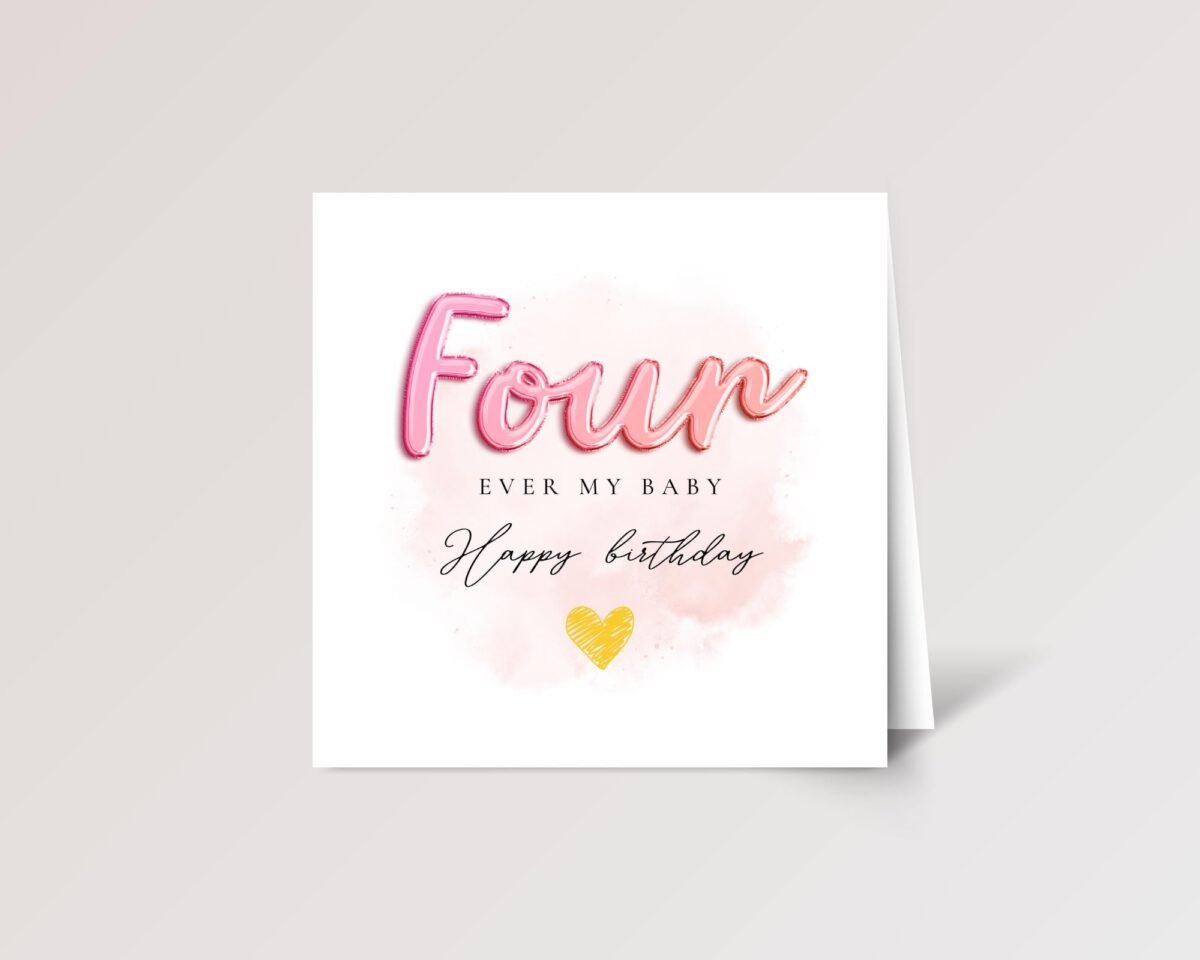 4th Birthday Card for Daughter, Folded Square Greeting Card with Pink Lettering 4th Birthday Card for Daughter, Folded Square Greeting Card with Pink Lettering