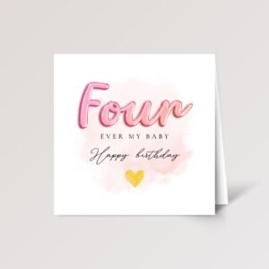 4th Birthday Card for Daughter, Folded Square Greeting Card with Pink Lettering 4th Birthday Card for Daughter, Folded Square Greeting Card with Pink Lettering