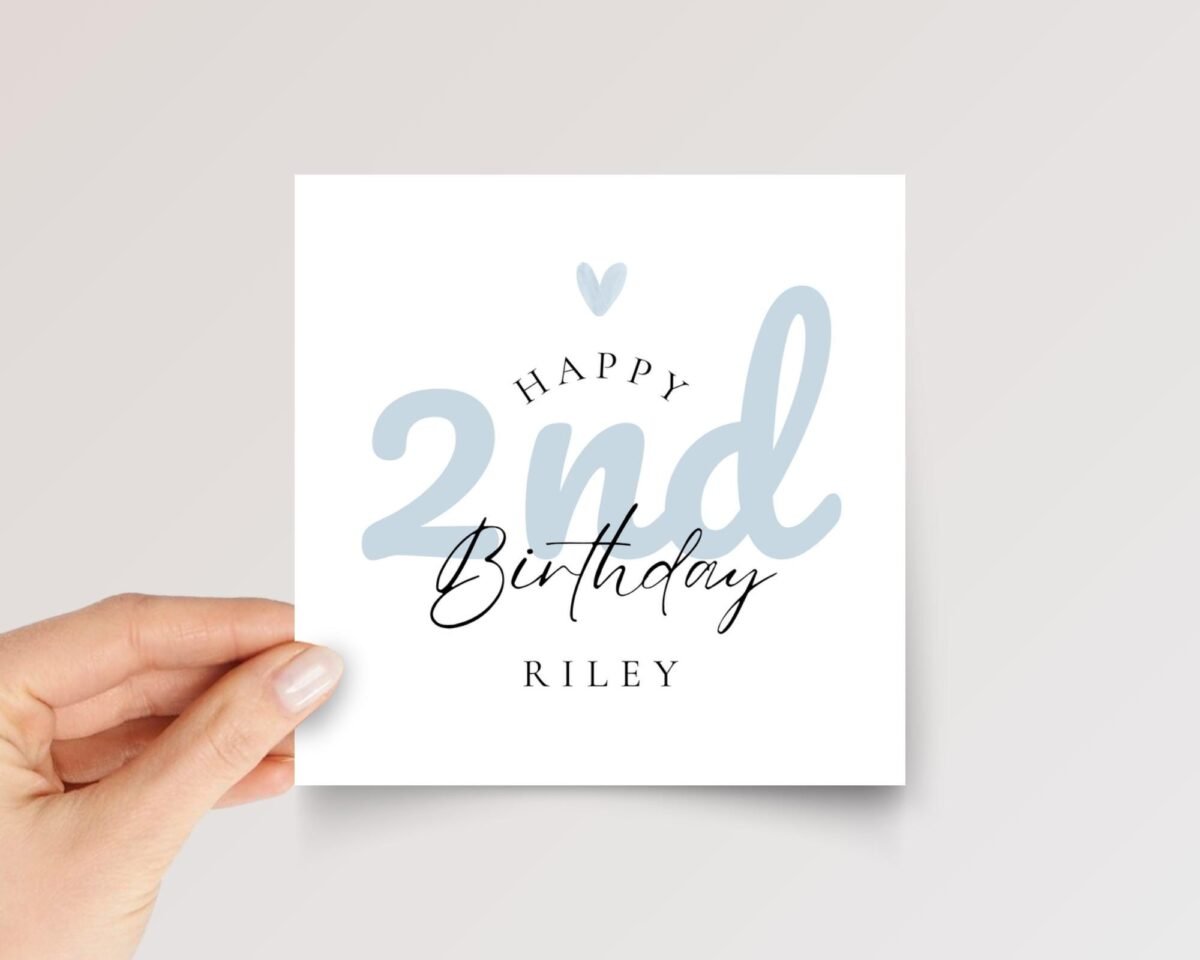 2nd Birthday Card for Boy, Folded Square Greeting Card with Blue Lettering, Gift for Son/Grandson