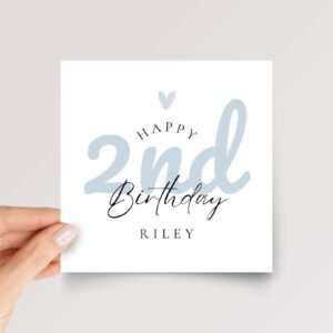 2nd Birthday Card for Boy, Folded Square Greeting Card with Blue Lettering, Gift for Son/Grandson
