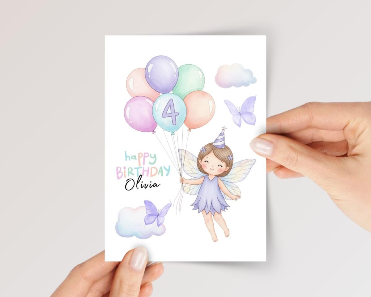 Personalized 4th Fairy Birthday Card, 5 x 7 Folded Greeting Card or Four Year Old, Gift for Her