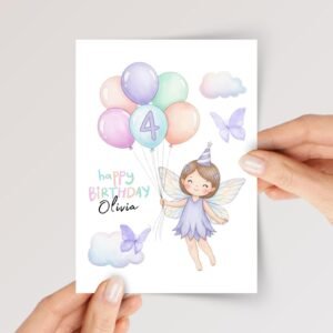 Personalized 4th Fairy Birthday Card, 5 x 7 Folded Greeting Card or Four Year Old, Gift for Her