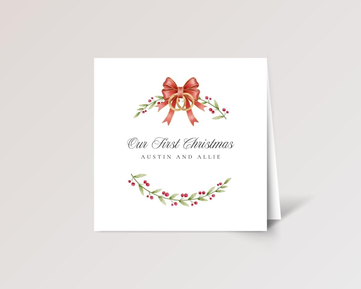 Personalized First Christmas Card for Husband and Wife, 5 1/4 Inch Square Greeting Card with Mistletoe and Wedding Rings