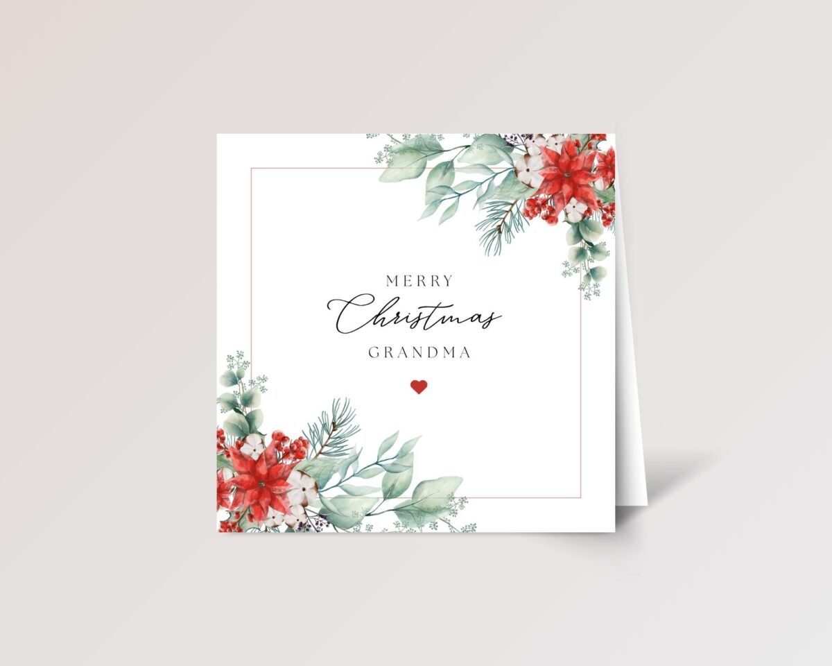 Floral Christmas Card for Grandma, Square Greeting Card and White Envelope