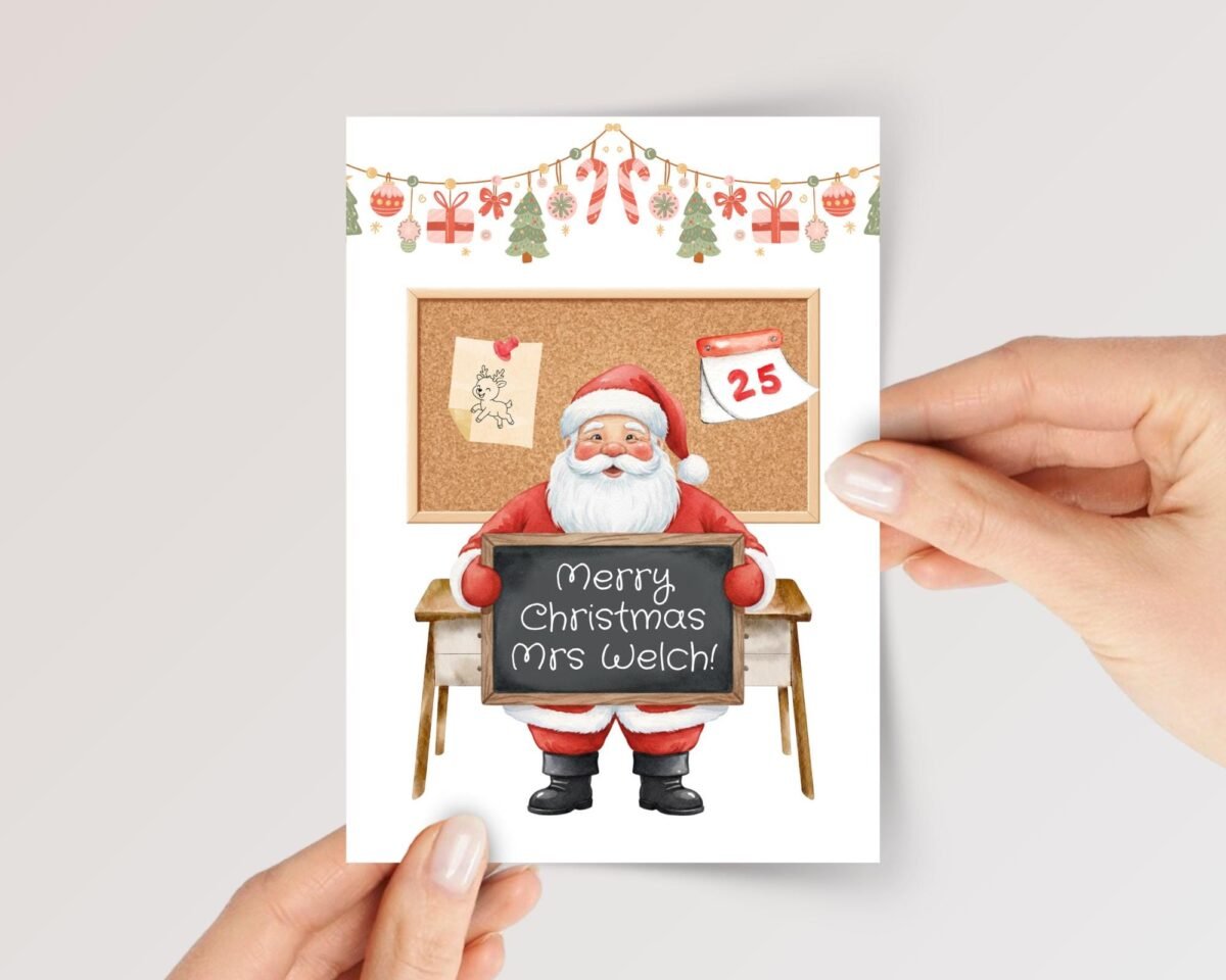 Personalized Christmas Card for Teacher with Santa & Chalkboard