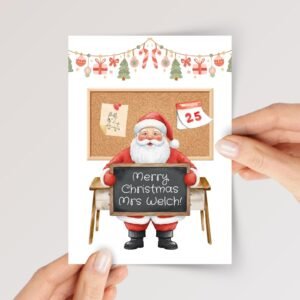 Personalized Christmas Card for Teacher with Santa & Chalkboard