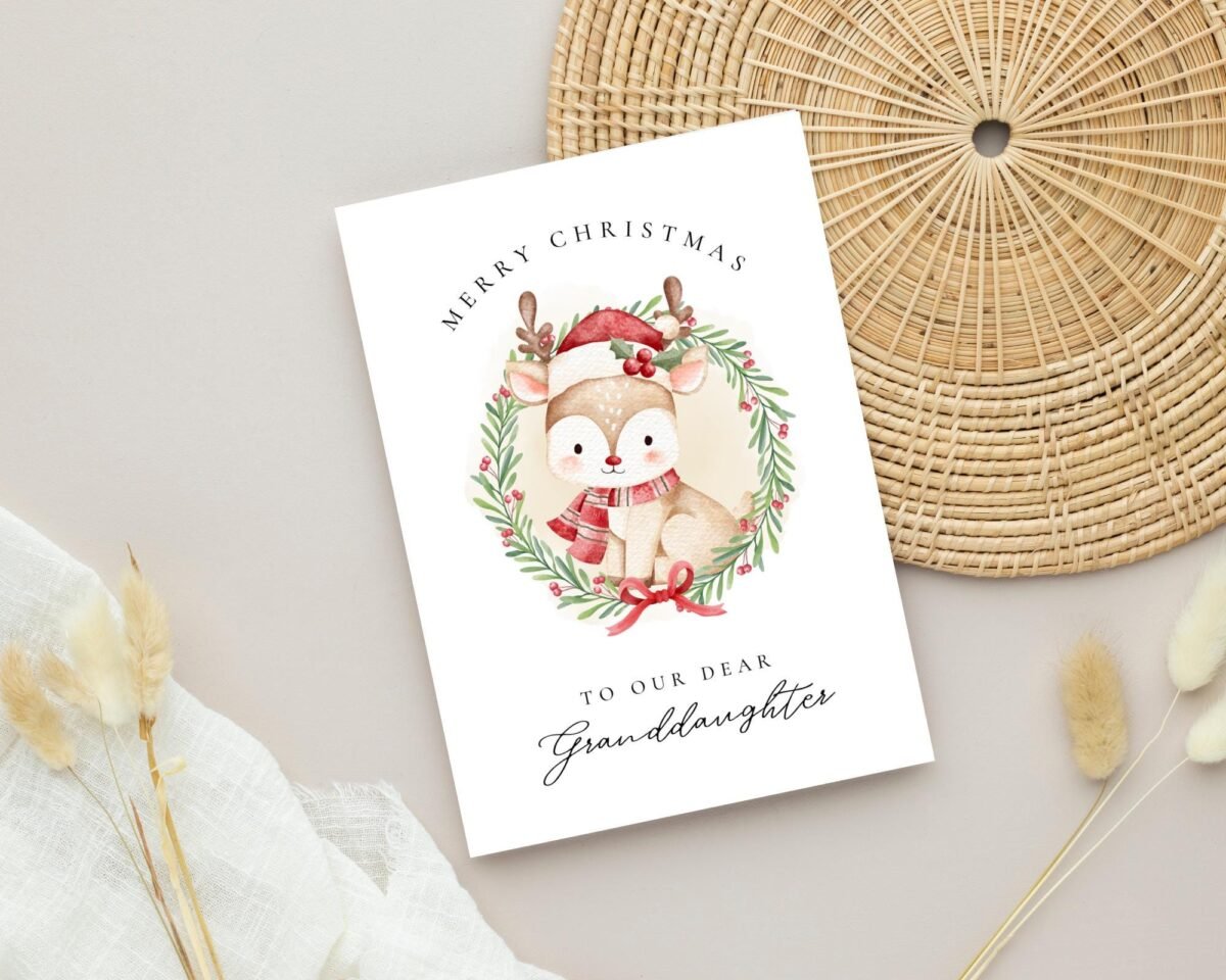 Christmas Card for Granddaughter with Reindeer Wreath