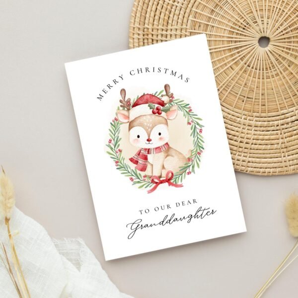 Christmas Card for Granddaughter with Reindeer Wreath