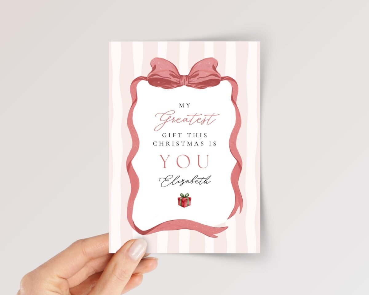 Christmas Card for Wife with Pink Ribbon and Stripes