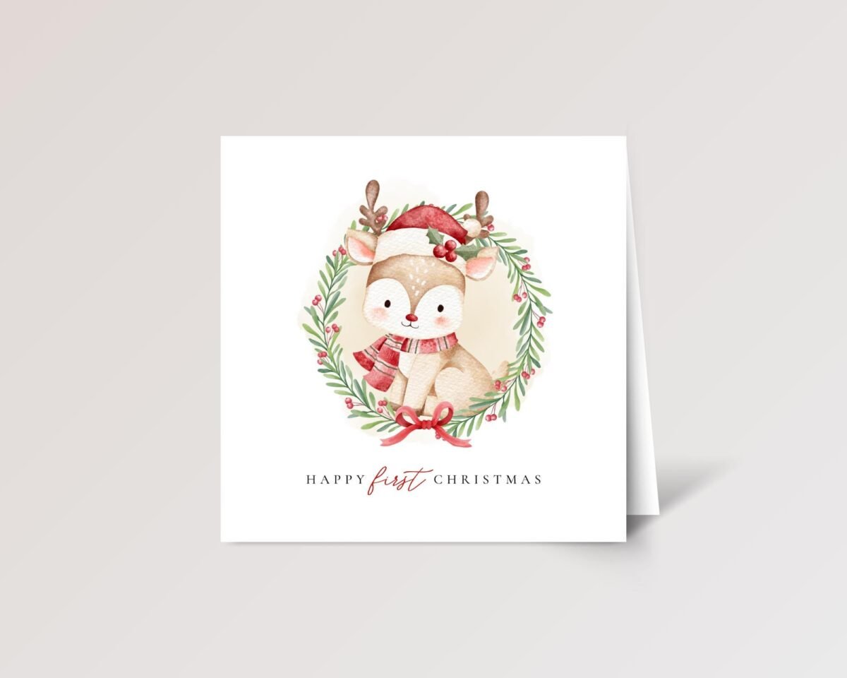 First Christmas Card for Baby with Reindeer Wreath