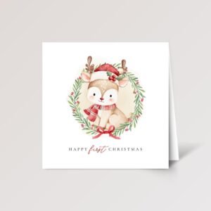 First Christmas Card for Baby with Reindeer Wreath